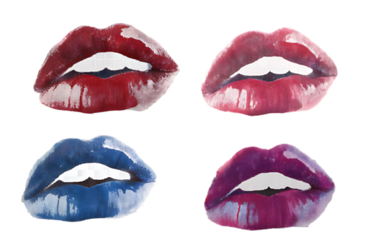 Four Pairs of Glossy Lips in Red Pink Blue and Purple Colors mouth beauty isolated on a transparent background