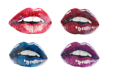 Four Pairs of Glossy Lips in Red Pink Blue and Purple Colors mouth beauty isolated on a transparent background