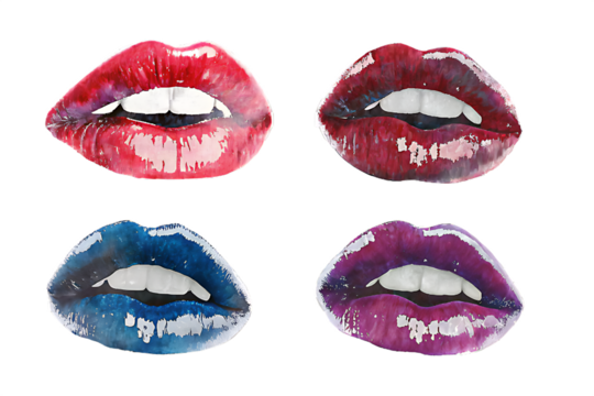 Four Pairs of Glossy Lips in Red Pink Blue and Purple Colors mouth beauty isolated on a transparent background
