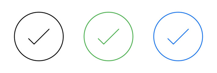 Simple circle check mark icon set in black green and blue for approval success and confirmation