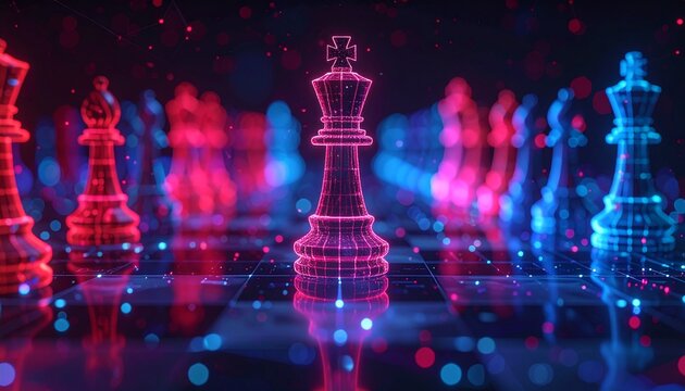 A digital chessboard with the king in the center surrounded by chess pieces in red and blue colors, symbolizing strategy and competition.