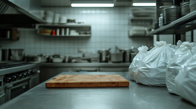 Wooden cutting board on stainless steel surface in a commercial kitchen. Bags filled with food are visible.