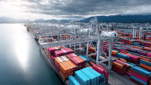 Busy Port Container Ship Loading and Unloading Operations