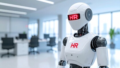 A futuristic robot designed for human resources stands in a modern office, it has the letters HR displayed prominently