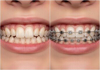 Before after braces comparison. Crooked teeth with metal braces transformed to perfect, white smile. Dental transformation, orthodontics success, cosmetic dentistry for dentist advertising, oral care 