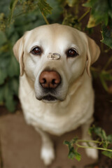Obraz premium Dog with wedding rings on nose shows how valuable your relationships are. Adorable labrador posing with jewelry on his snout in a yard.
