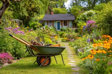Wheelbarrow in the garden. Barrow with plants soil and shovel gardening tools. Landscape mulch yard work. Organic vegetable garden in urban area. Home grown vegetables. Beautiful backyard arrangement