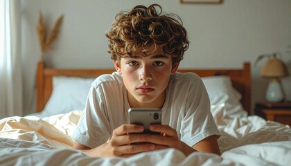 A young boy in a white t-shirt, holding a smartphone in a relaxed setting