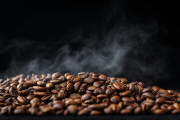 Aromatic coffee beans, freshly roasted, release delicate plumes of steam against a deep, dark background, promising a rich and flavorful experience.