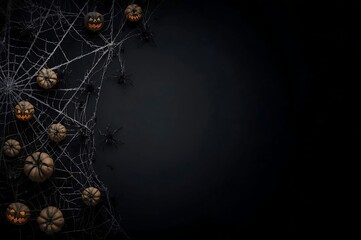 Dark halloween scene with spiders and miniature pumpkins on twigs