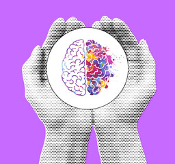 Hands Holding an Circle with Watercolor Brain Illustration Symbolizing Knowledge, Creativity