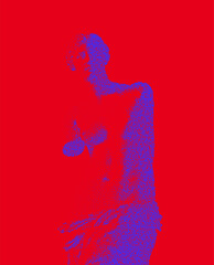 Risoprint Style Blue Venus Statue on Red Background. Bold Contemporary Graphic Art