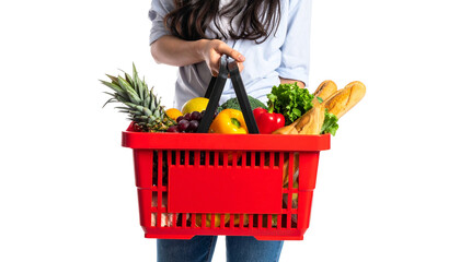 A woman holding a vibrant red basket filled with fresh groceries