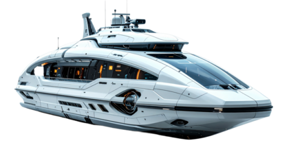 A sleek, modern yacht floating on water, showcasing luxury and advanced design. The yacht has large windows offering panoramic views, embodying luxury and freedom
