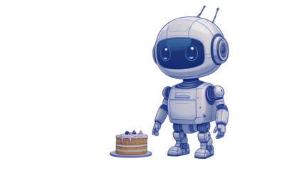 A cute robot with a birthday cake, celebrating a special occasion, filled with joy and anticipation. A futuristic and delightful scene.