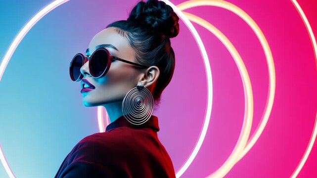 Trendy woman in sunglasses against neon light background showing dynamic style and modern fashion