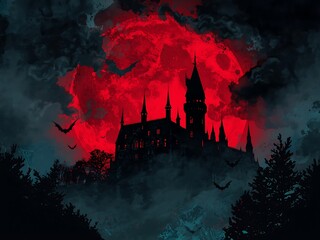 Mysterious gothic castle silhouetted against a fiery crimson sky with flying bats