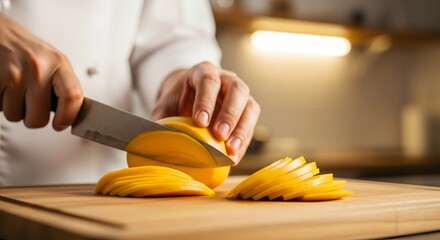 Close up of a chef s hands skillfully slicing a ripe yellow mango into thin uniform slices on a wooden cutting board in a kitchen setting