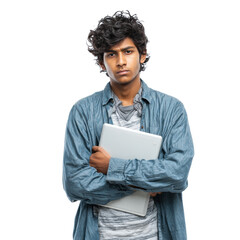South Asian man with laptop on transparent background