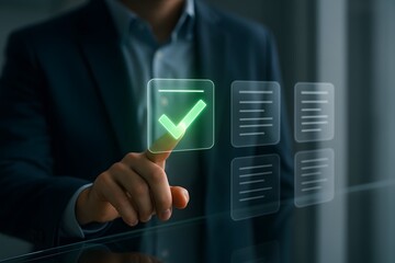 A man's hand interacting with a digital interface, highlighting the concept of approval. 