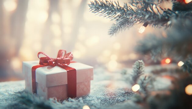 A small, white gift box with a red ribbon is placed on a snowy surface next to a decorated Christmas tree with warm lights.