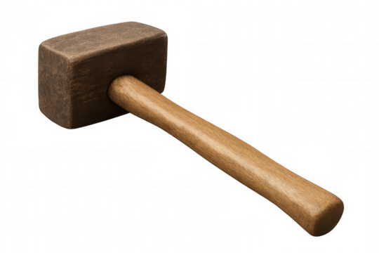 Wooden mallet with worn appearance isolated on a transparent background, ideal for construction or diy projects
