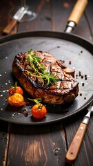 Grilled steak with cherry tomatoes and herbs on a dark pan