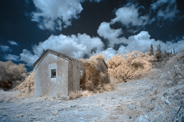 Abandoned Building with Overgrown Vegetation in Infrared
