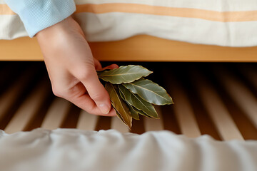 Bay leaves being placed under the bed to ward off insects. Using natural remedies for pest control. Good for repelling moths and other insects with this simple trick.