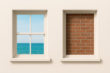 Fototapeta premium Window overlooking the sea and window with bricks.