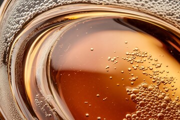 Close up macro view of fluid inside curved chemistry glass reacting micro bubbles and light