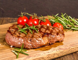 Grilled steak with cherry tomatoes and rosemary on a wooden board