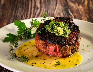Grilled steak with herb butter sauce on a white plate