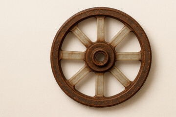 A rusty wheel with plastic spokes on a light background. Space for text.