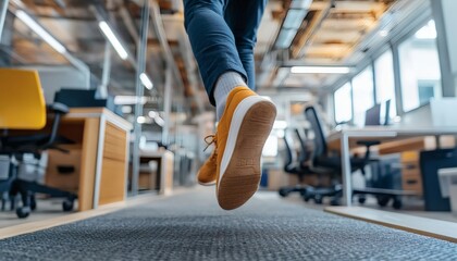 The image shows a close-up view of a person's feet wearing mustard yellow sneakers walking through a modern office space with blurred background.