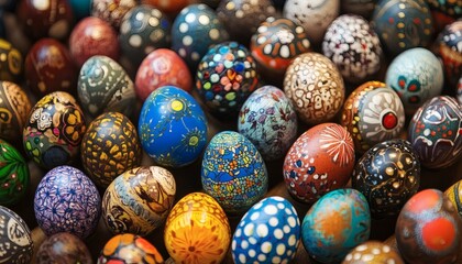 Many hand-painted Easter eggs in various colors and patterns are displayed closely together.