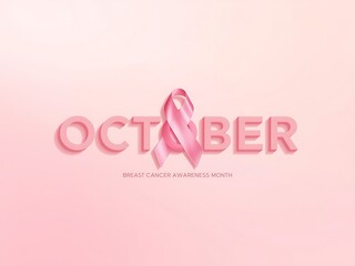 Pink october breast cancer awareness month with ribbon and text