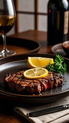 Grilled steak with lemon and herbs