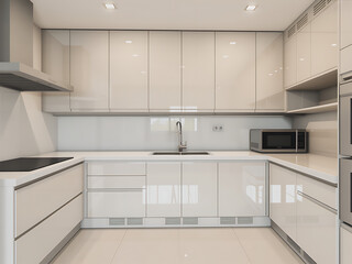 Modern minimalist white kitchen with sleek cabinetry integrated appliances and a clean contemporary design aesthetic