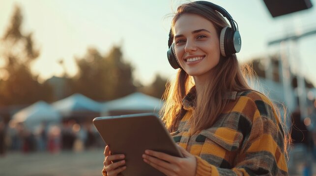 Woman listening to music while using a tablet outdoors.