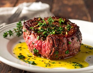 Grilled steak with herbs and butter sauce