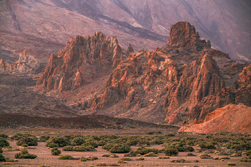 Roques de Garcia and Mount Teide, famous Finger of God rock (Roque Cinchado) in Tenerife Canary Islands Spain. Volcano Teide National Park UNESCO World Heritage Site. Roques de Garcia and Mount Teide