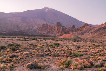 Roques de Garcia and Mount Teide, famous Finger of God rock (Roque Cinchado) in Tenerife Canary Islands Spain. Volcano Teide National Park UNESCO World Heritage Site. Roques de Garcia and Mount Teide