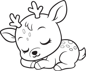 Adorable cute chibi baby deer sleeping peacefully closed eyes coloring page outline illustration
