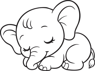Naklejka premium Sweet cute chibi baby elephant resting sleeping calmly coloring page outline illustration