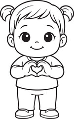 Obraz premium Charming cute chibi baby girl standing with hands shaped as heart coloring page outline illustration