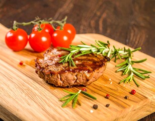 Grilled steak with rosemary and cherry tomatoes on a wooden board