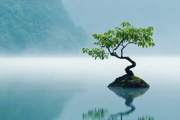 Tranquil bonsai tree on a rock islet in a misty lake.