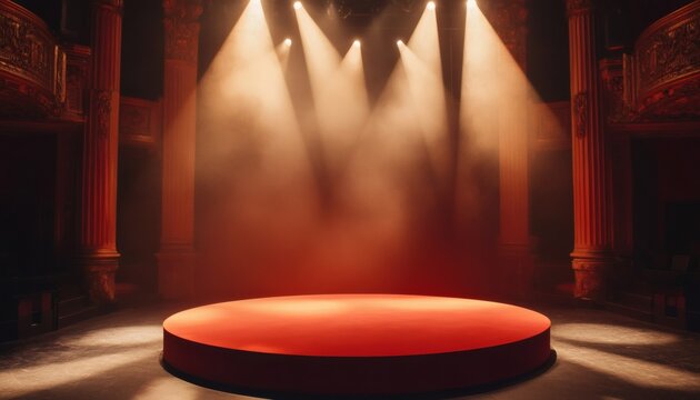 A circular red platform is centered on a dark stage, illuminated by multiple spotlights, within a classical theater with ornate columns and architecture.