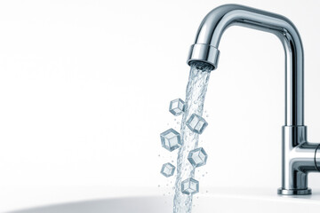 Water with ice cubes in the shape of cubes from the tap. Space for text.